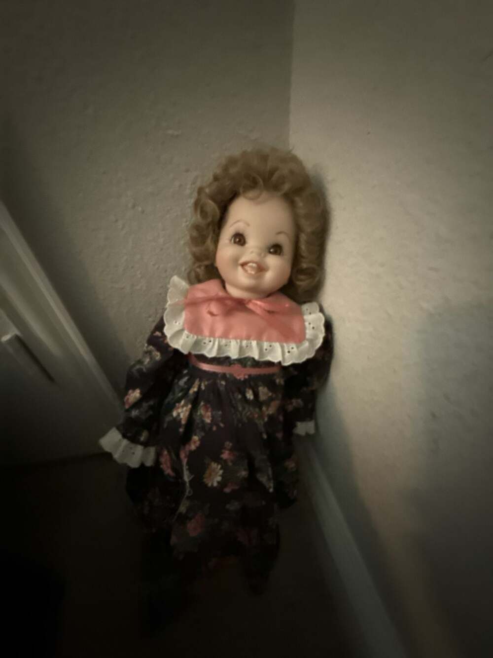 Vintage Porcelain Collectible Doll with Blonde Braided Hair and Floral Dress "Ta
